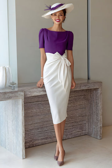 Crayon raisin mousseline de soie col bateau Midi mère de la mariée robe avec noeud
